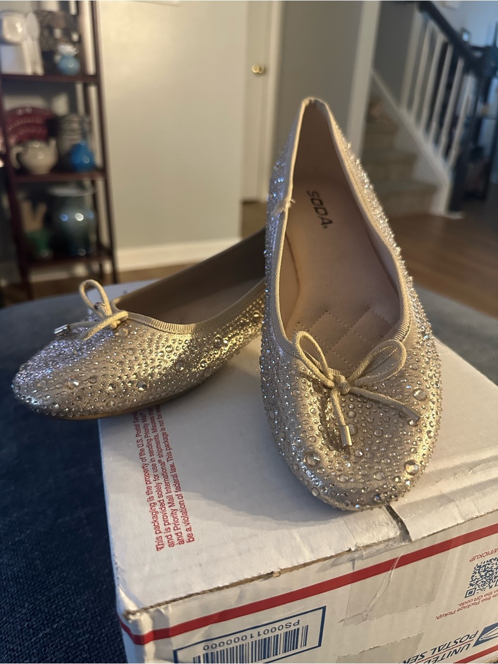 Soda Gold Rhinestone Bow Ballet Flats